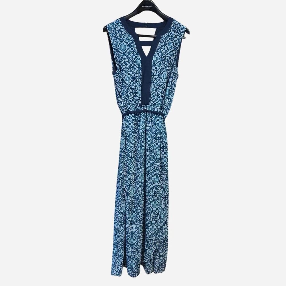 AB Studio Blue Geometric Print Maxi Dress Cutout Neckline Sleeveless Boho XL